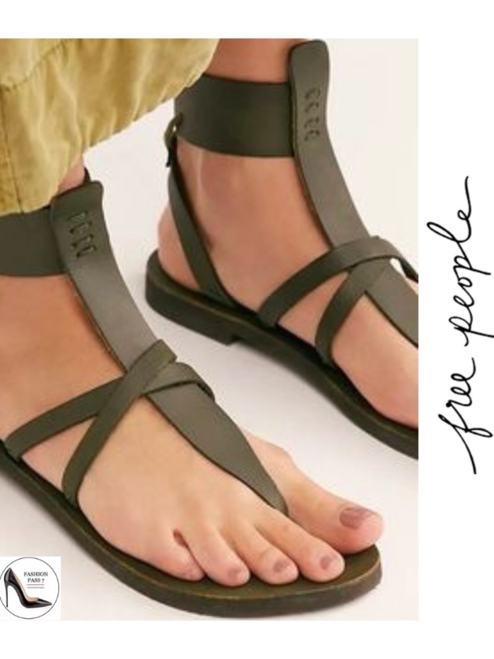 Free People Vacation Day Khaki Olive Leather Wrap Thong Sandal Flat Boho Shoe 38